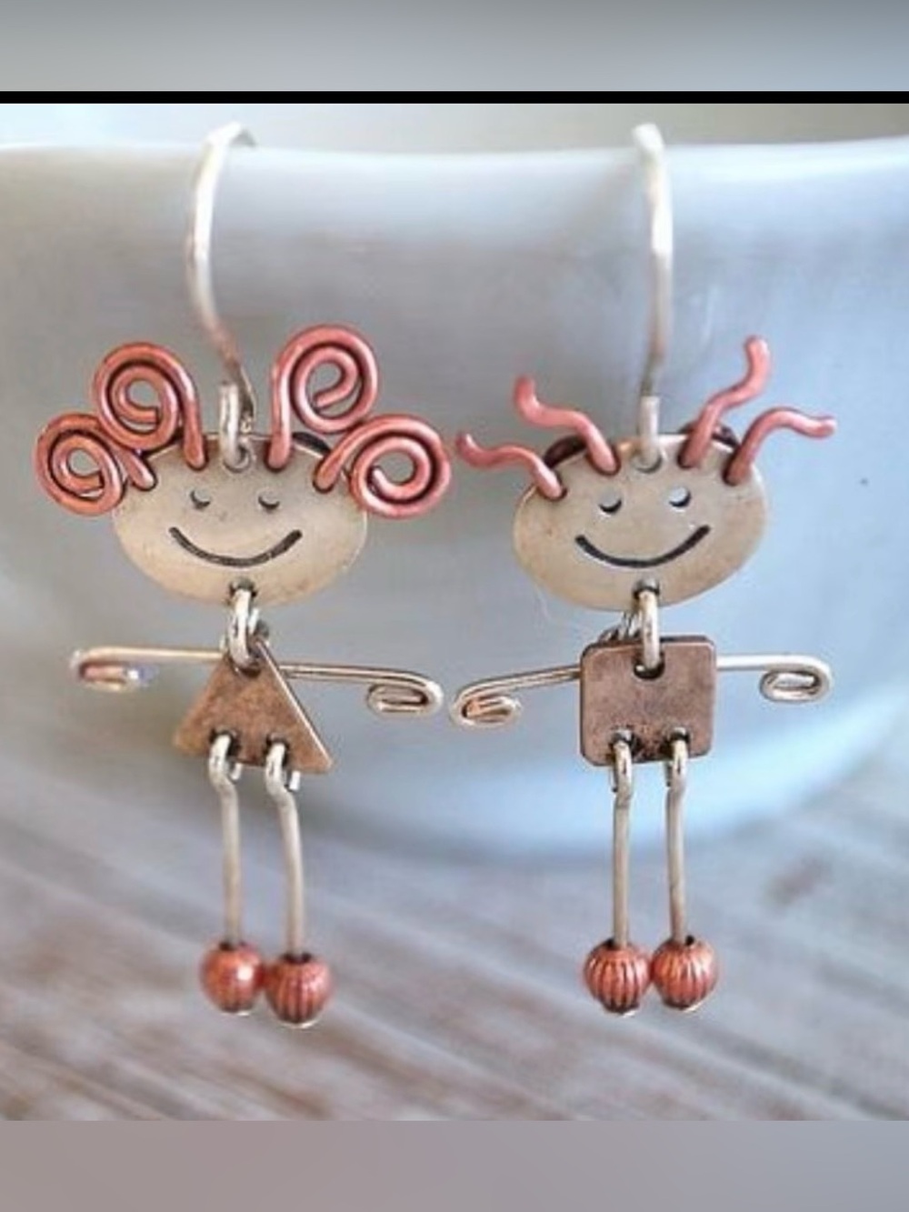 Cute Copper & Silver Stick Figure Dangle Earrings